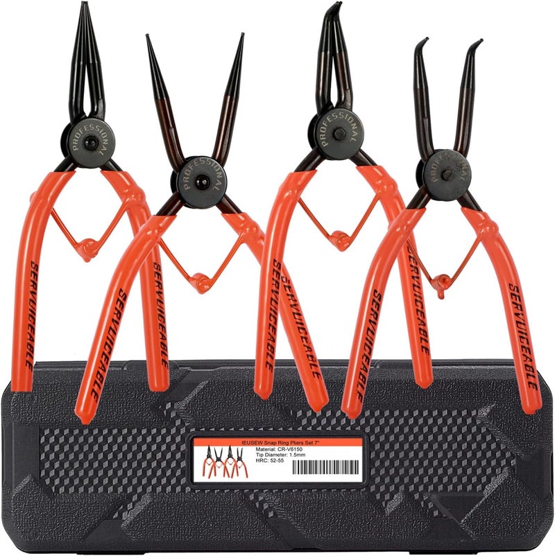 Ieusew 7-inch Snap Ring Pliers Set, 4-piece Heavy Duty Internal/External Circlip Pliers Kit (Tip Diameter 1.5mm), Straight/Bent Jaw, Cr-v Steel, for Ring Remover Retaining, Storage Case Included. - Image 1